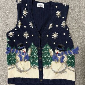 Vintage Winter Sleeveless Sweater Botton up Festive Snowman Knit‎ Vest
